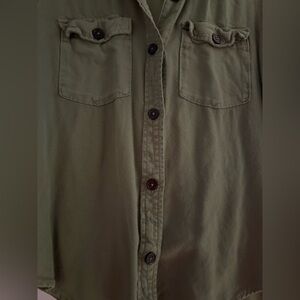 Army green soft button up shirt.